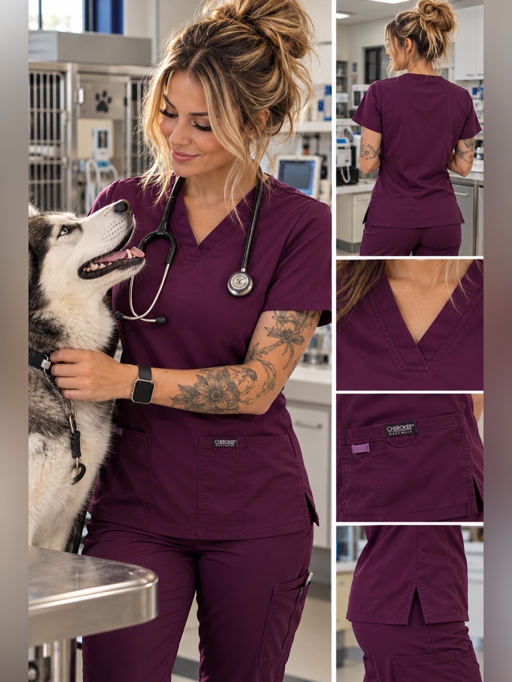 Cherokee Workwear Revolution Purple Scrub Top Small V Neck Stretch Vet Med